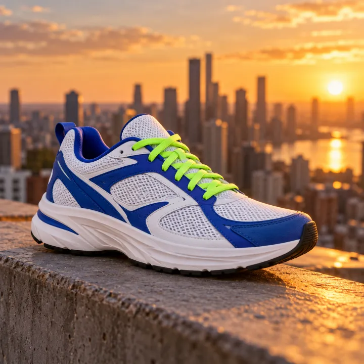 sneaker on a rooftop ledge at golden hour, skyline behind