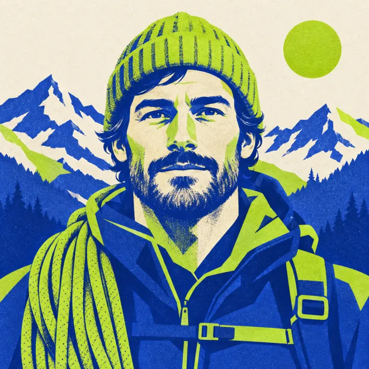 flat vector portrait: a mountain guide with a rope