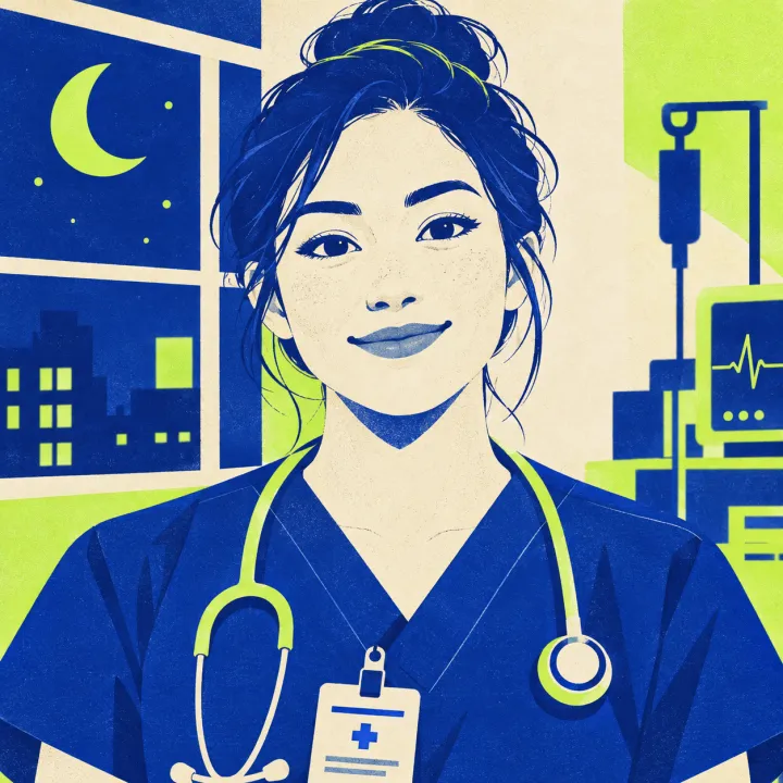 flat vector portrait: a night-shift nurse, calm smile