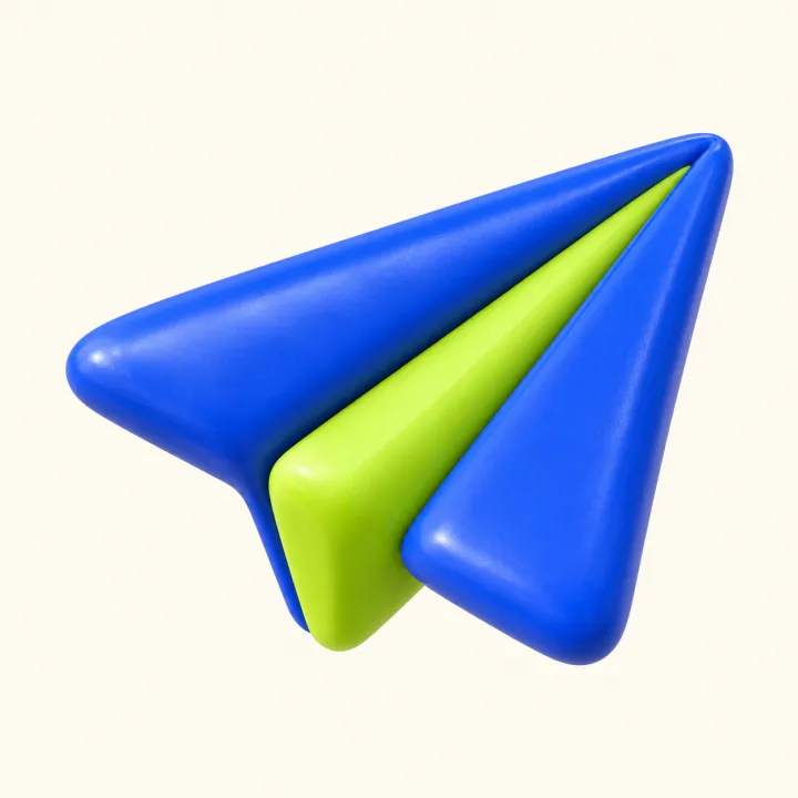 cute 3D clay icon, glossy blue and lime: a paper plane