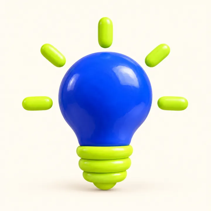 cute 3D clay icon, glossy blue and lime: a lightbulb