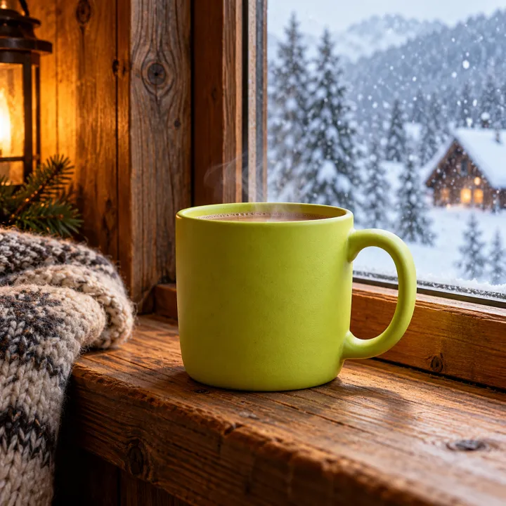 a matte lime mug on a cabin window sill, snow falling outside